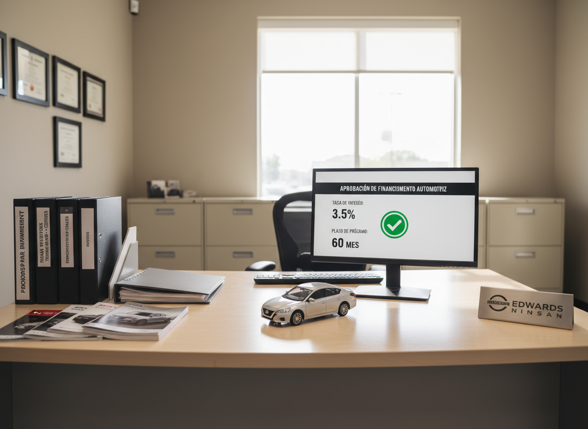 A well-organized dealership finance office interior featuring a modern wooden desk, a slim computer monitor displaying an auto financing approval screen in Spanish, and neatly arranged folders labeled with vehicle loan terms and interest rates. On the desk, there is a small model of a Nissan sedan, a stack of glossy vehicle brochures, and a subtle Edwards Nissan logo plaque. The environment is clean and minimal, with neutral-colored walls and a large window allowing soft midday natural light to fill the room, casting gentle shadows and creating a calm, transparent atmosphere. Photographic realism, shot from an eye-level perspective with the desk in the foreground and a blurred view of filing cabinets and certificate frames behind. The mood is professional, organized, and reassuring, ideal for conveying accessible financing for Hispanic buyers.