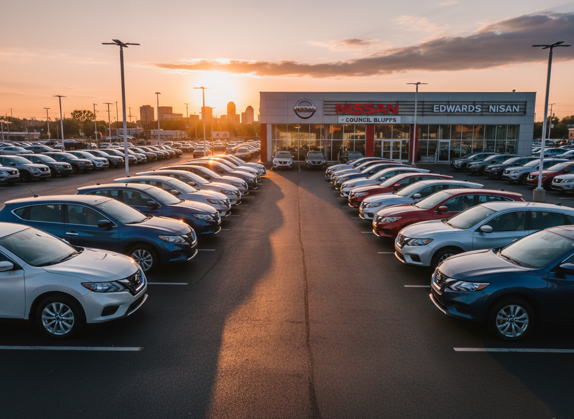 A panoramic view of a neatly arranged Edwards Nissan lot in Council Bluffs during golden hour, showcasing multiple rows of late-model sedans, SUVs, and trucks in varying colors like pearl white, deep blue, and metallic red. The vehicles are spotless, their exteriors reflecting the warm orange light of the setting sun, which creates long, soft shadows across the clean asphalt. The dealership building with clear “Nissan” branding is visible in the midground, while the background fades into a soft-focus Midwestern skyline. Photographic realism, wide-angle lens from a slightly elevated viewpoint, ensuring the front row of vehicles is in sharp focus while more distant rows gradually blur. The mood is optimistic and energetic, emphasizing abundant inventory and high quality for Spanish-speaking customers seeking their ideal vehicle.