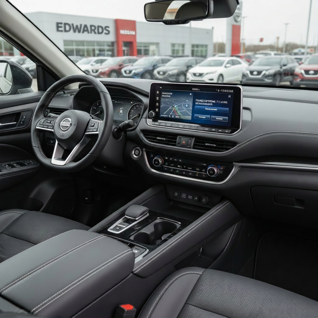 An elegant close-up of a high-quality Nissan SUV interior, featuring dark charcoal leather seats with precise stitching, a sleek touchscreen infotainment system displaying a bilingual (English and Spanish) interface, and a modern steering wheel with chrome accents. The vehicle is parked, with the dashboard softly illuminated by diffused daylight entering through the windows, producing gentle highlights on the controls and textured surfaces. Outside the windshield, the view of a dealership lot in Omaha is intentionally blurred, keeping focus on the comfort and technology inside. Photographic realism, captured from the front passenger seat looking toward the driver’s area, with a shallow depth of field. The mood is professional, reassuring, and aspirational, emphasizing comfort, safety, and sophistication for the Hispanic community seeking reliable financing options.